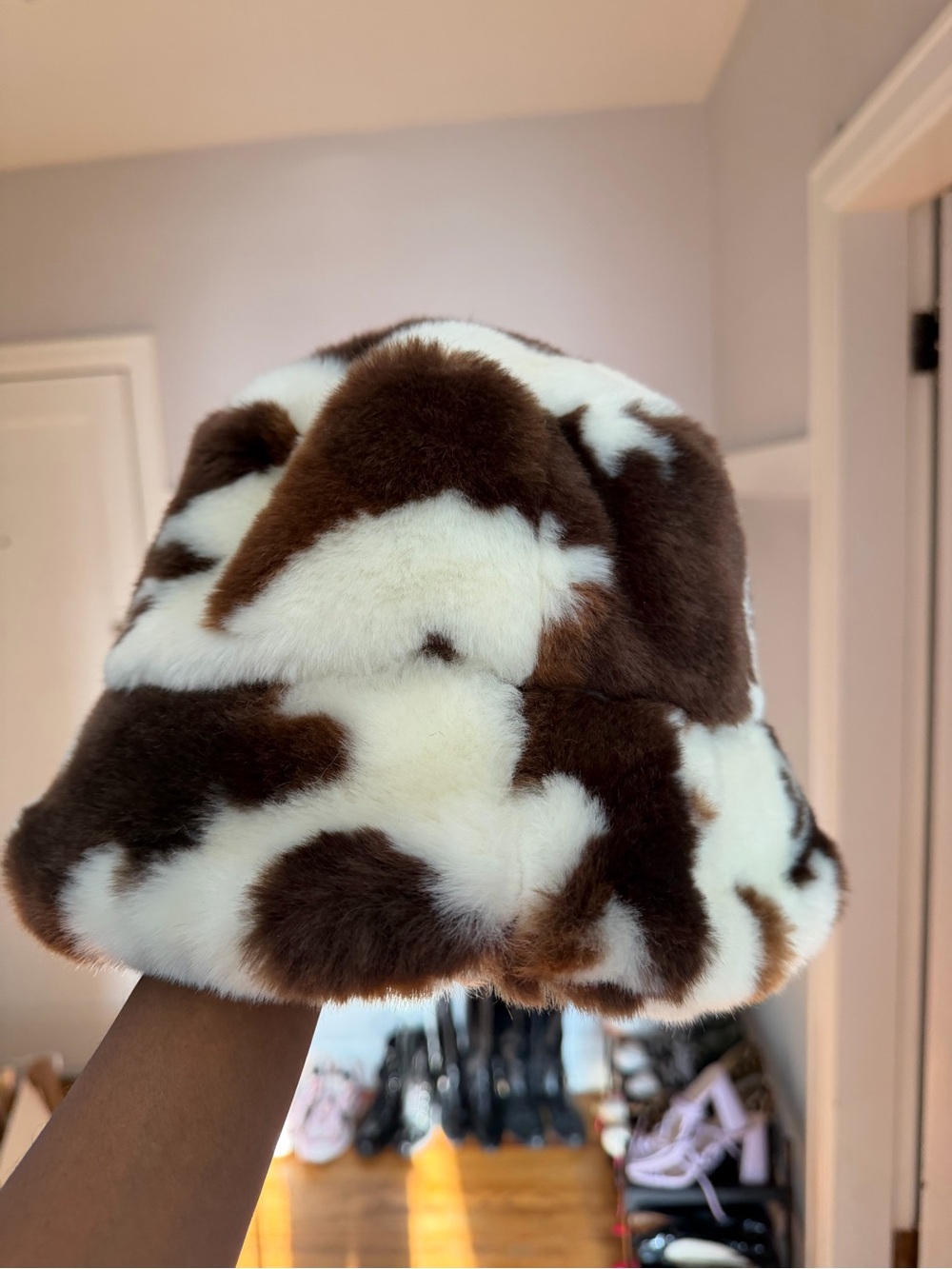 ASOS Faux Fur Cow Print Bucket Hat - Brown & Cream - Picture 3 of 4